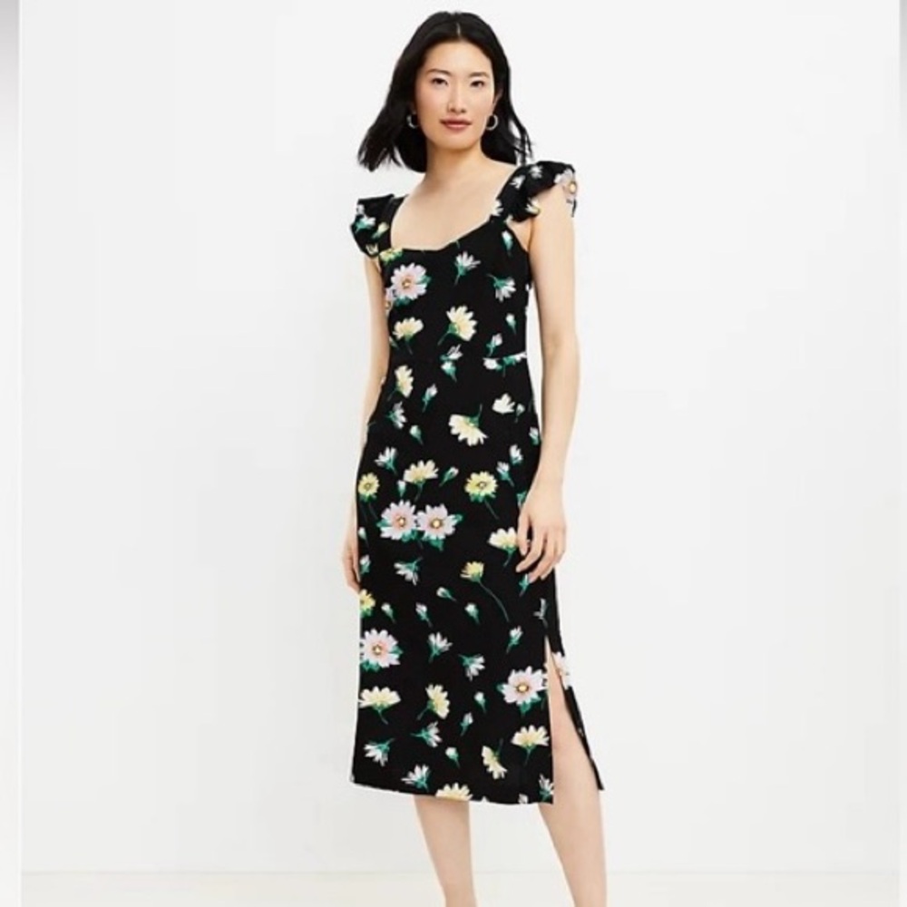 LOFT Black Floral Flutter Strap Dress